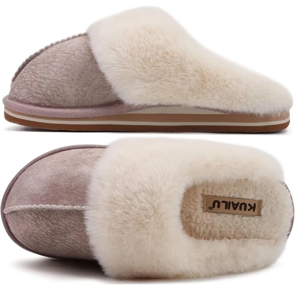 Cozy Cream and Taupe Suede Slippers with Plush Trim
